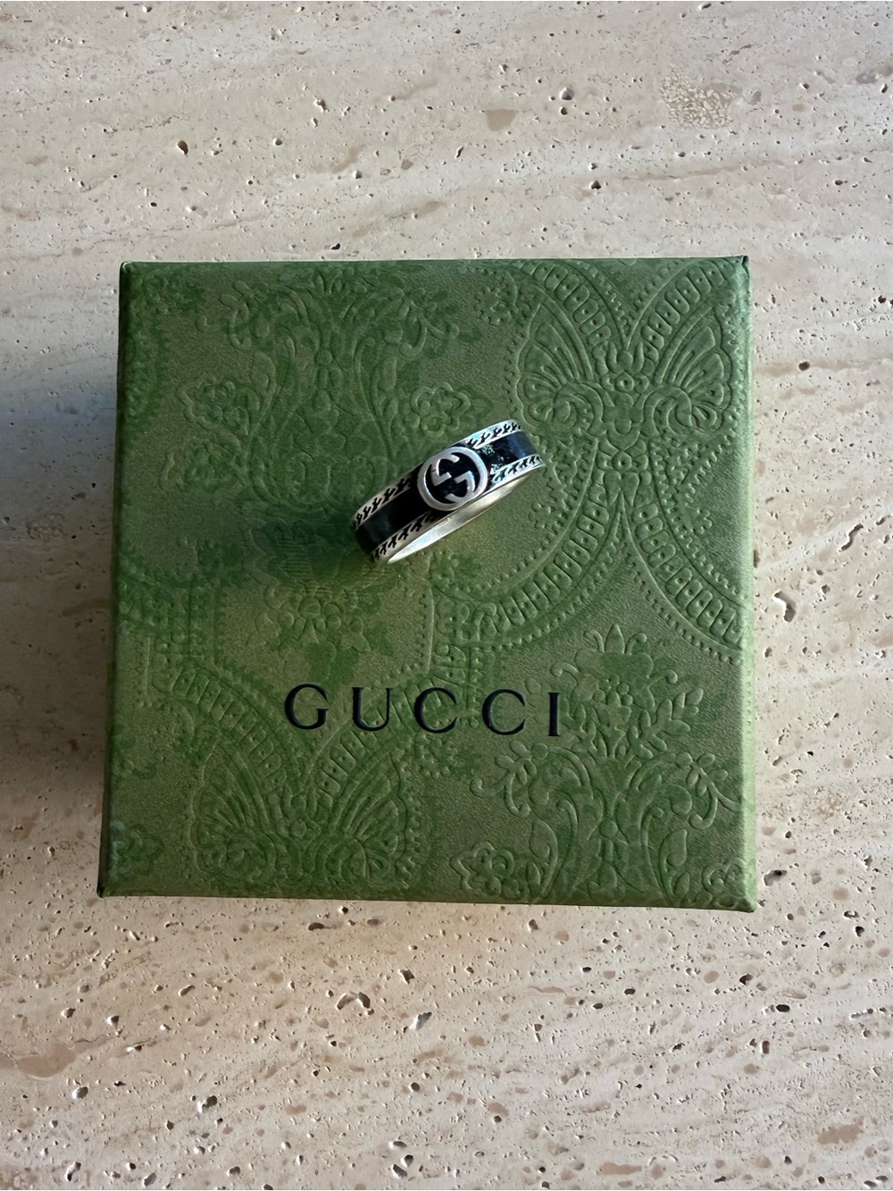 NWT GUCCI INTERLOCKING G RING STERLING SILVER BLACK ENAMEL DESIGNER SIZE: 19 - Picture 5 of 12